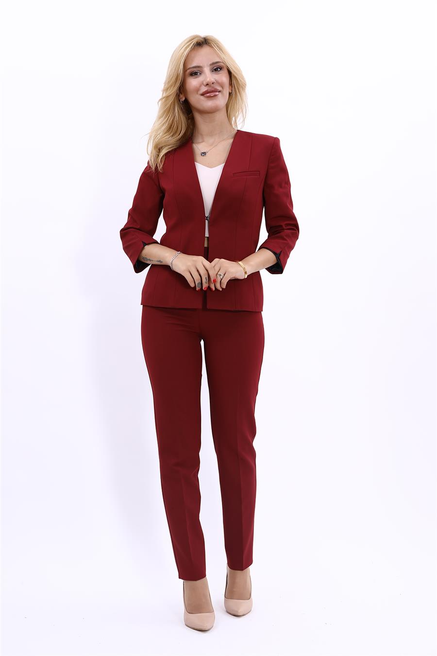 V Yaka Boydan Kuplu Kısa Ceket &  Dar Paça Pantolon-Bordo - 1016510
