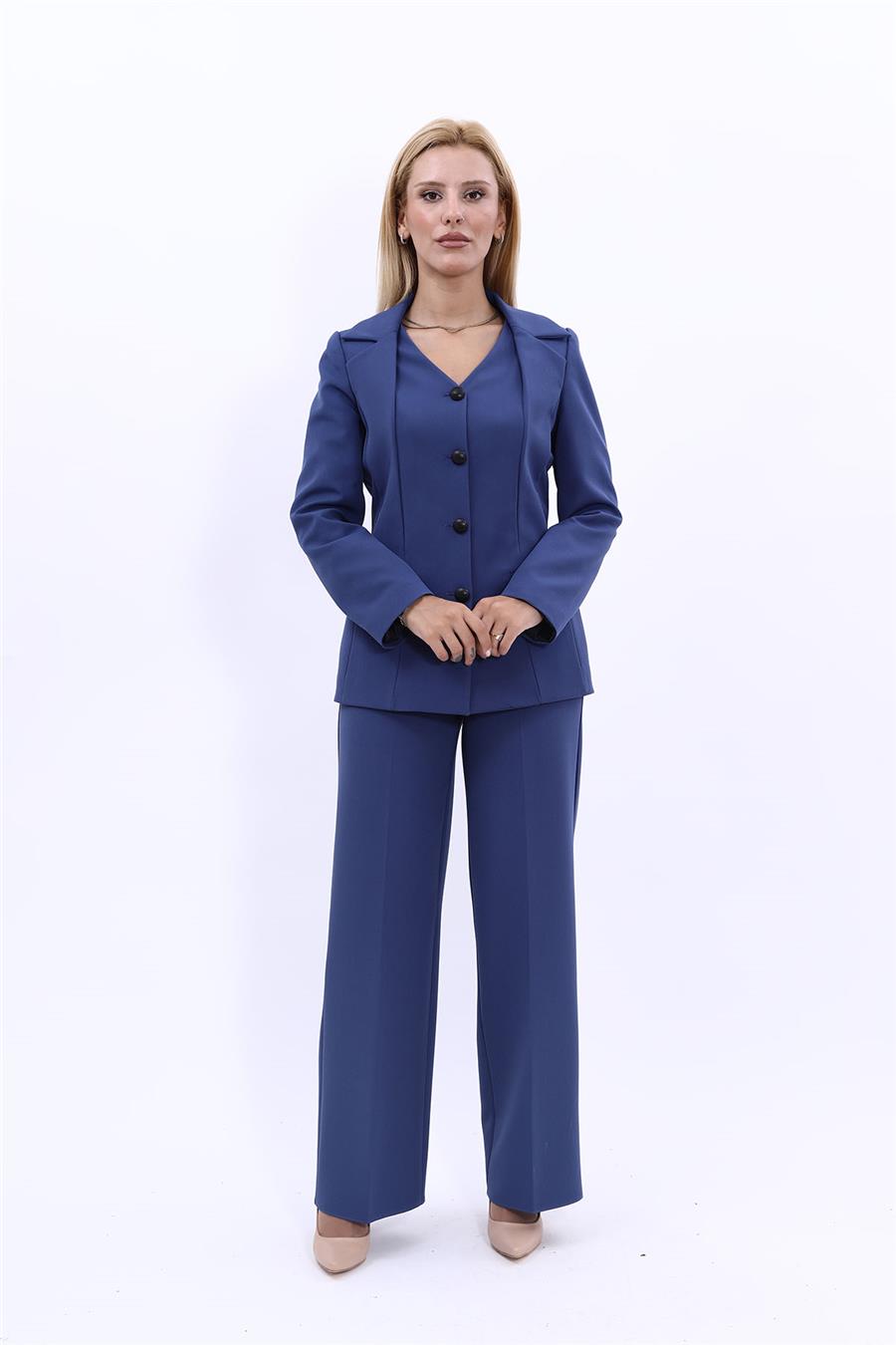 V Yaka Düğmeli Modern Ceket & Bol Paça Pantolon Kadın Takım Elbise-İndigo
