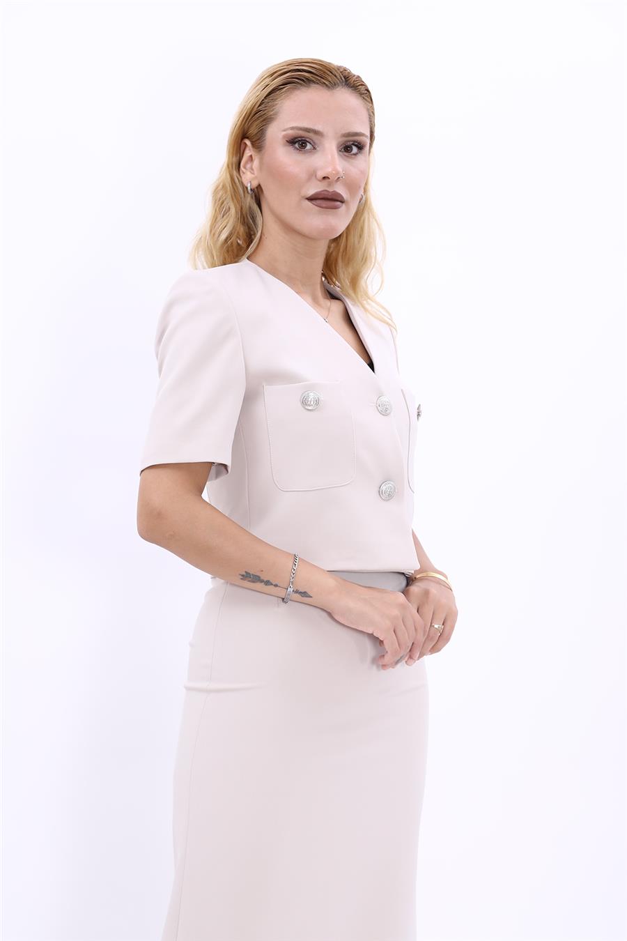 V Yaka  Kısa Ceket-Bej