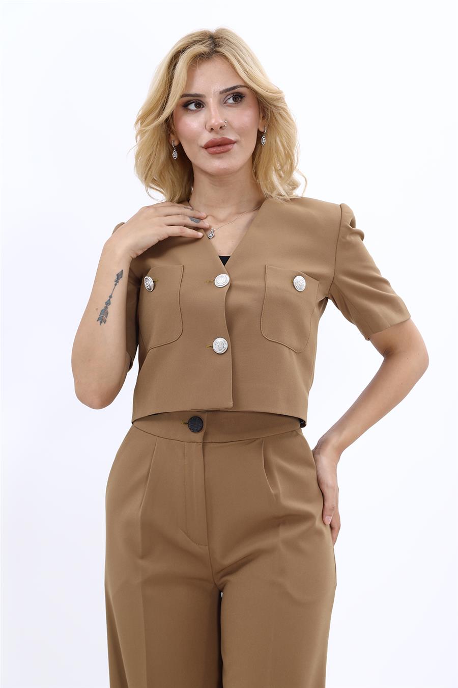 V Yaka  Kısa Ceket-Camel - 1052100
