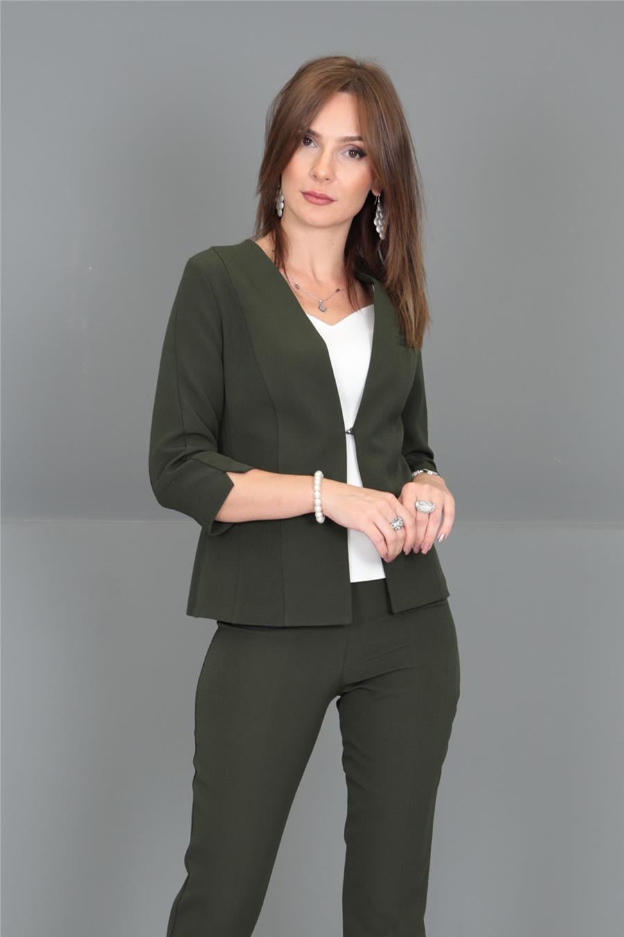 V Yaka Kısa Ceket-Haki