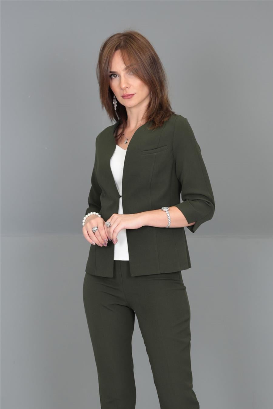 V Yaka Kısa Ceket-Haki