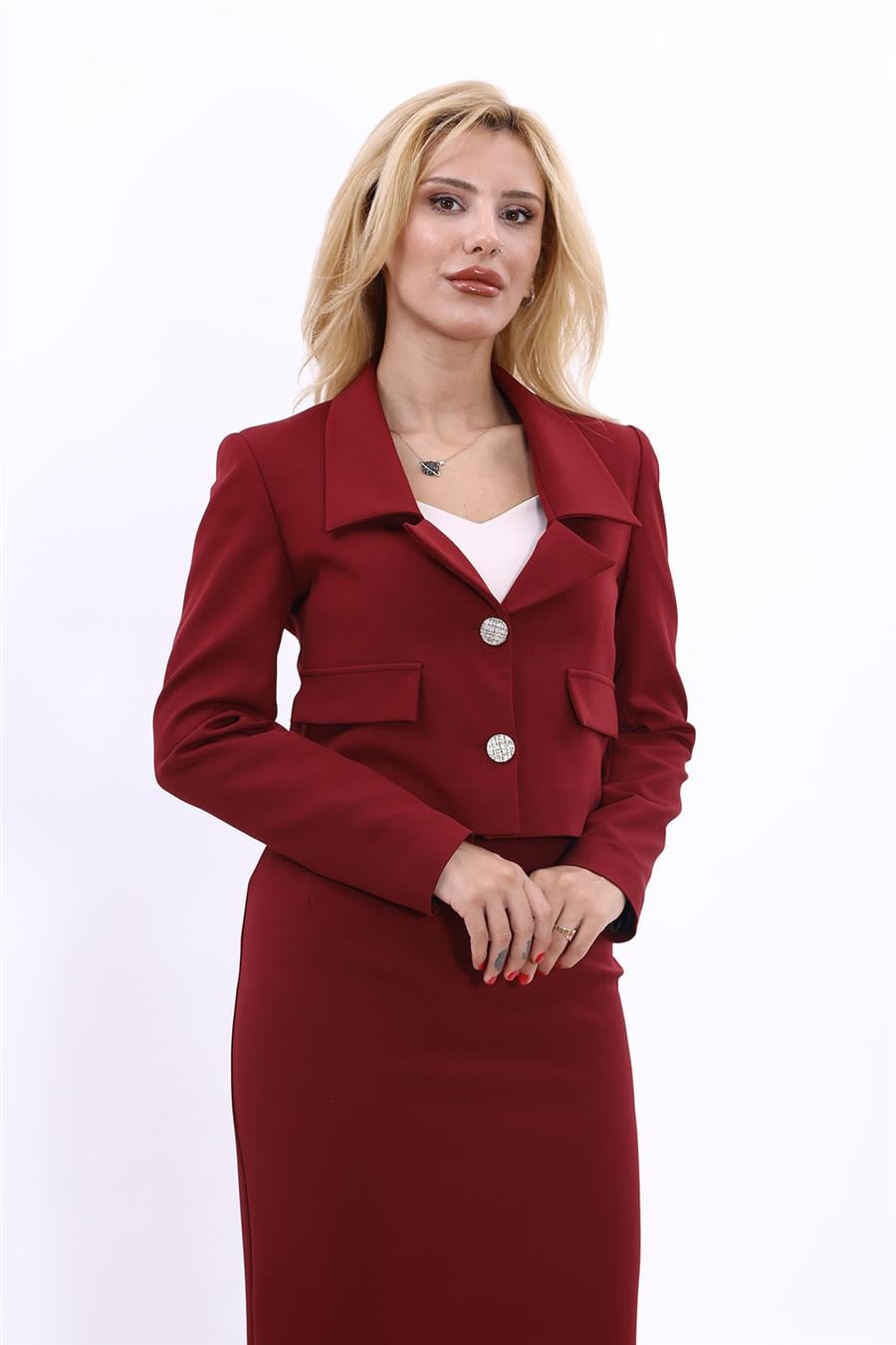 Yakalı Mini Kadın Spor Ceket -Bordo
