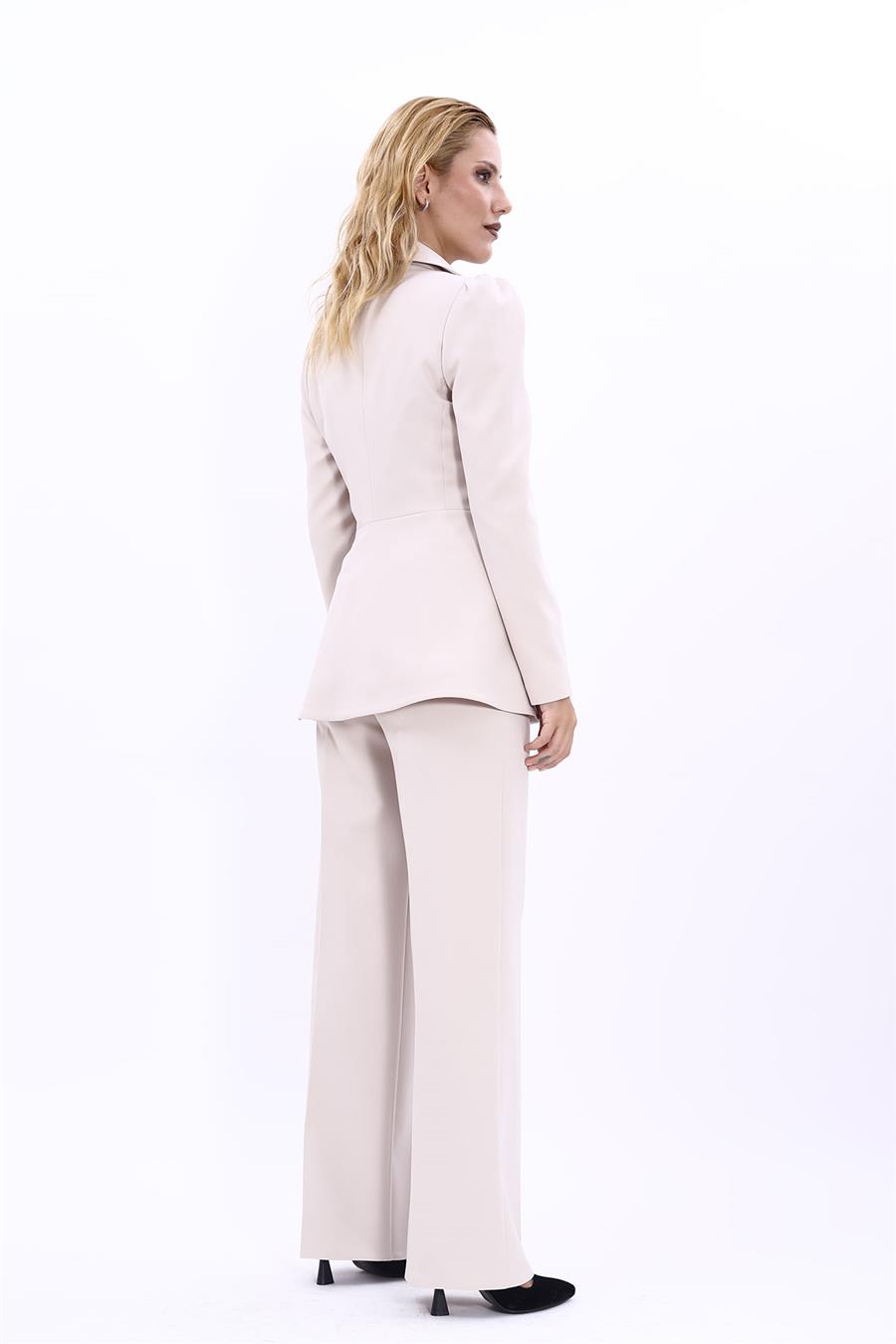 Yakalı Model Ceket  & Bol Paça Pantolon Kadın Takım Elbise-Bej