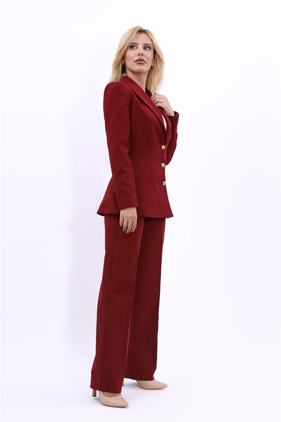 Yakalı Model Ceket  & Bol Paça Pantolon Kadın Takım Elbise-Bordo