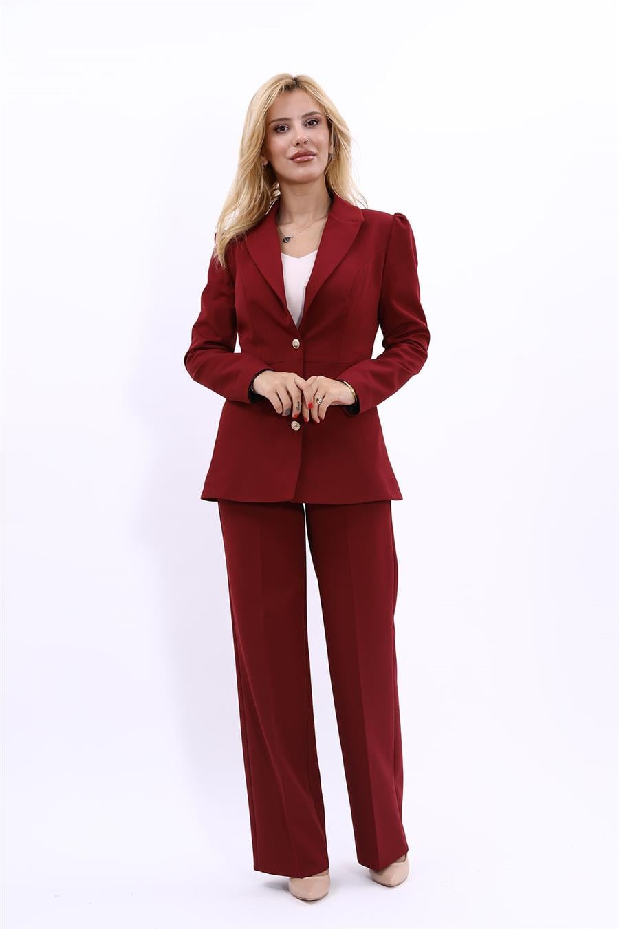 Yakalı Model Ceket  & Bol Paça Pantolon Kadın Takım Elbise-Bordo