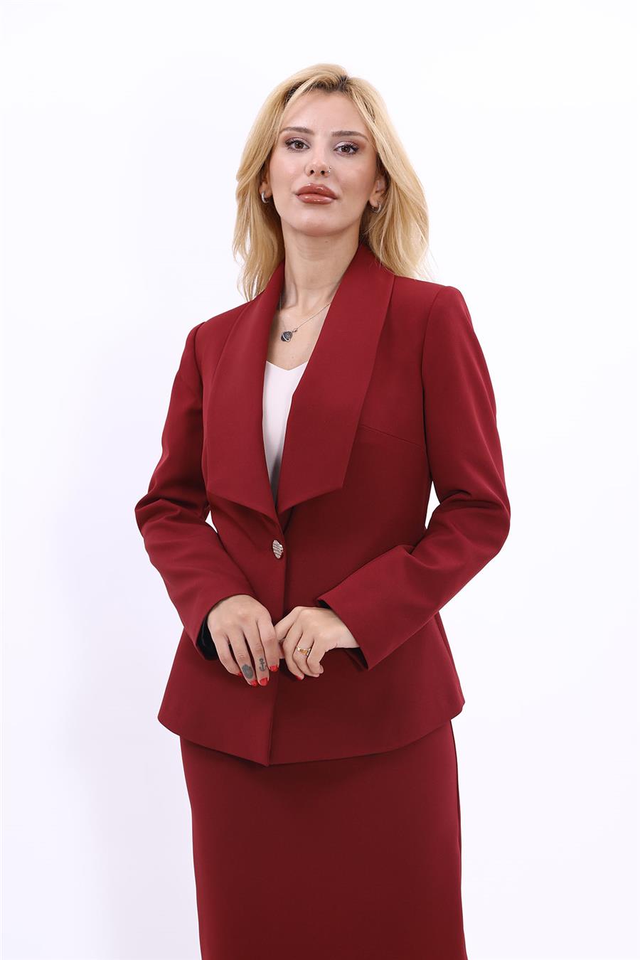 Yakalı Tek Düğme Klasik Kadın Ceket-Bordo