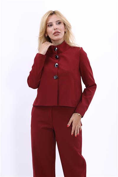  Dik Yaka Kısa Spor Kadın Ceket-Bordo