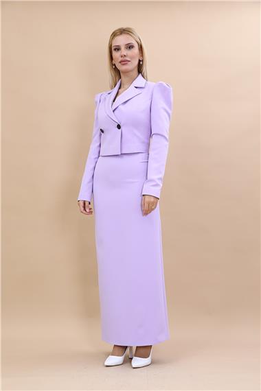 Gömlek Yaka Kısa Ceket &  Uzun Düz Dar Etek-Menekşe