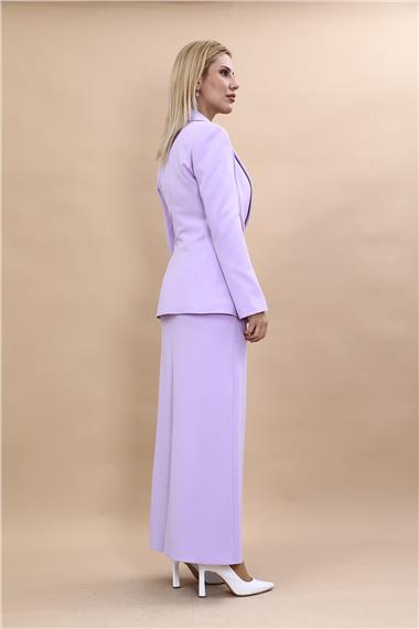 Erkek Yaka Düğme Detaylı Ceket & Uzun Düz Dar Etek-Menekşe