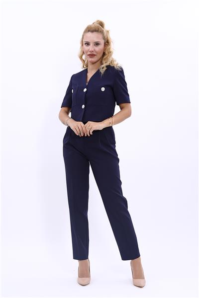  Kısa Kollu Yakasız Mini Ceket & Pileli  Boru Paça Pantolon Takım-Lacivert