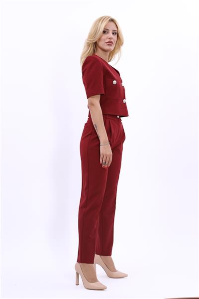 Kısa Kollu Yakasız Mini Ceket & Pileli  Boru Paça Pantolon Takım-Bordo