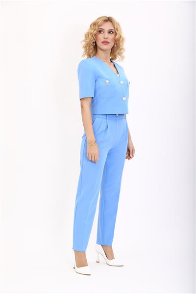  Kısa Kollu Yakasız Mini Ceket & Pileli  Boru Paça Pantolon Takım-Gökyüzü