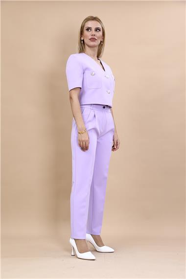  Kısa Kollu Yakasız Mini Ceket & Pileli  Boru Paça Pantolon Takım-Menekşe