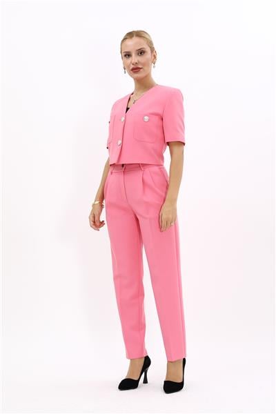  Kısa Kollu Yakasız Mini Ceket & Pileli  Boru Paça Pantolon Takım-Pembe