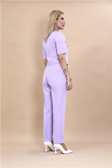  Kısa Kollu Yakasız Mini Ceket & Pileli  Boru Paça Pantolon Takım-Menekşe