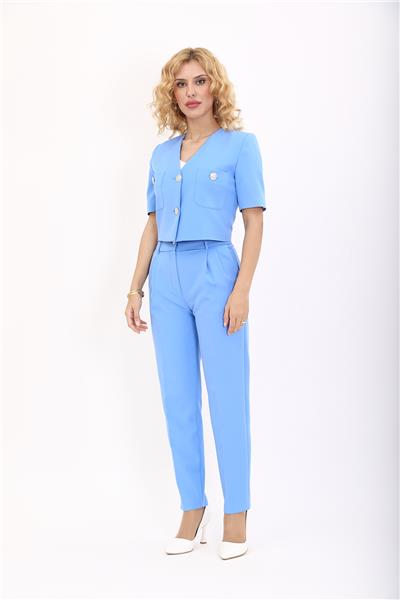  Kısa Kollu Yakasız Mini Ceket & Pileli  Boru Paça Pantolon Takım-Gökyüzü