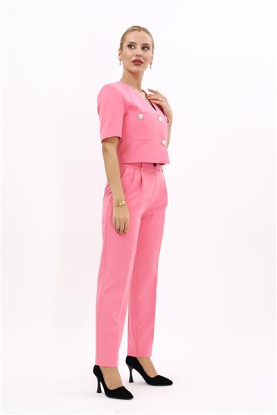  Kısa Kollu Yakasız Mini Ceket & Pileli  Boru Paça Pantolon Takım-Pembe