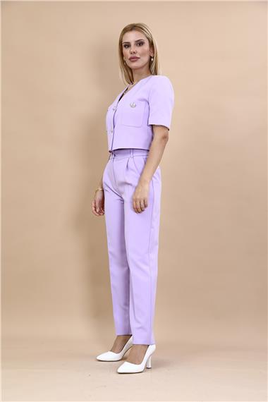  Kısa Kollu Yakasız Mini Ceket & Pileli  Boru Paça Pantolon Takım-Menekşe