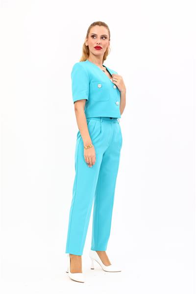  Kısa Kollu Yakasız Mini Ceket & Pileli  Boru Paça Pantolon Takım-Turkuaz
