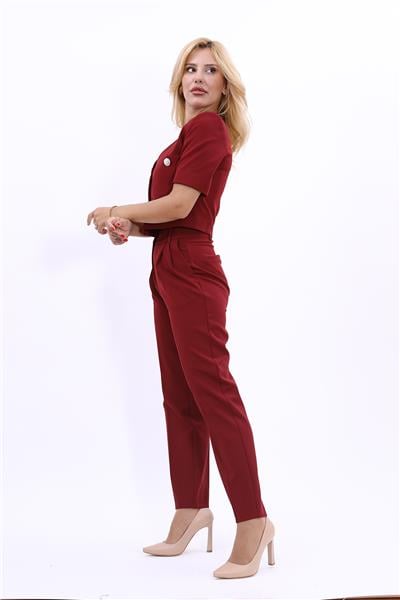  Kısa Kollu Yakasız Mini Ceket & Pileli  Boru Paça Pantolon Takım-Bordo
