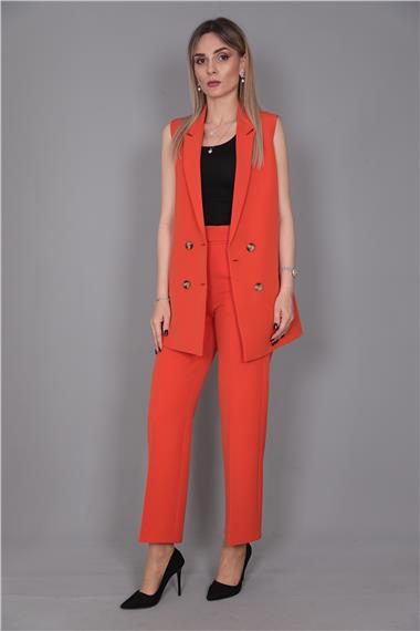  Midi Boy Klasik Yelek & Kısa Bol Paça Pantolon-Turuncu