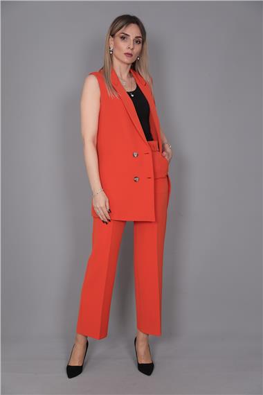  Midi Boy Klasik Yelek & Kısa Bol Paça Pantolon-Turuncu