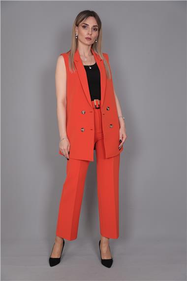  Midi Boy Klasik Yelek & Kısa Bol Paça Pantolon-Turuncu