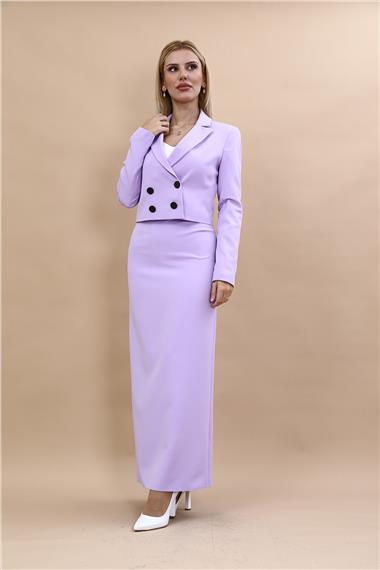 Erkek Yaka Kuruvaze Kısa Ceket & Uzun Düz Dar Etek-Menekşe