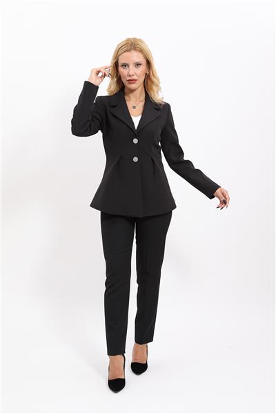  Pileli Moden Ceket & Dar Paça Pantolon Kadın Takım Elbise-Siyah