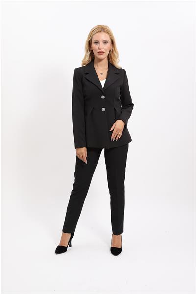  Pileli Moden Ceket & Dar Paça Pantolon Kadın Takım Elbise-Siyah