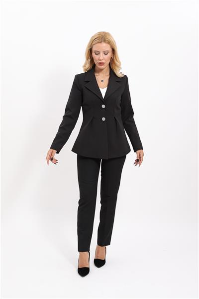  Pileli Moden Ceket & Dar Paça Pantolon Kadın Takım Elbise-Siyah