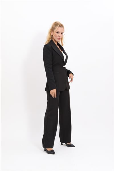  Tek Düğmeli Klasik Blazer Ceket & Bol Paça Pantolon Kadın Takım Elbise-Siyah