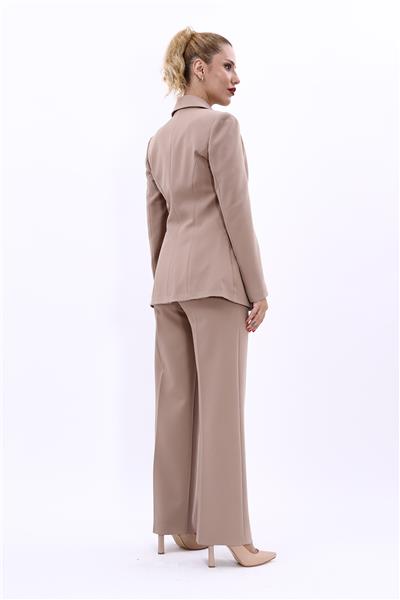  Tek Düğmeli Klasik Blazer Ceket & Bol Paça Pantolon Kadın Takım Elbise-Taş