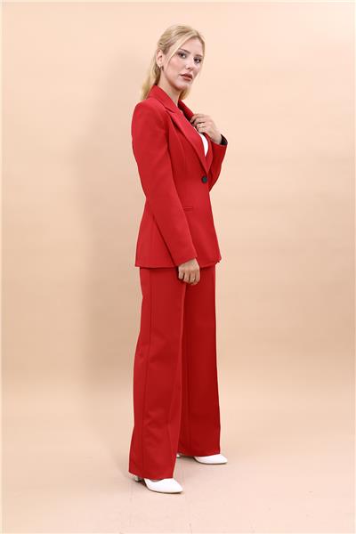  Tek Düğmeli Klasik Blazer Ceket & Bol Paça Pantolon Kadın Takım Elbise-Kırmızı