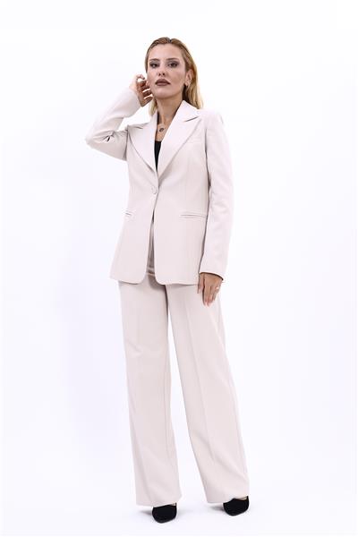  Tek Düğmeli Klasik Blazer Ceket & Bol Paça Pantolon Kadın Takım Elbise-Bej