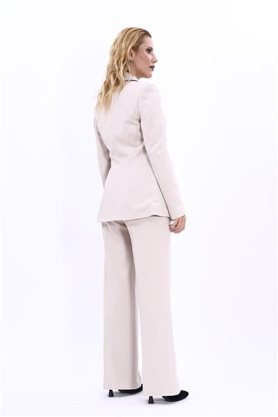  Tek Düğmeli Klasik Blazer Ceket & Bol Paça Pantolon Kadın Takım Elbise-Bej