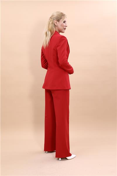  Tek Düğmeli Klasik Blazer Ceket & Bol Paça Pantolon Kadın Takım Elbise-Kırmızı