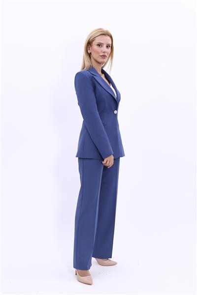  Tek Düğmeli Klasik Blazer Ceket & Bol Paça Pantolon Kadın Takım Elbise-İndigo