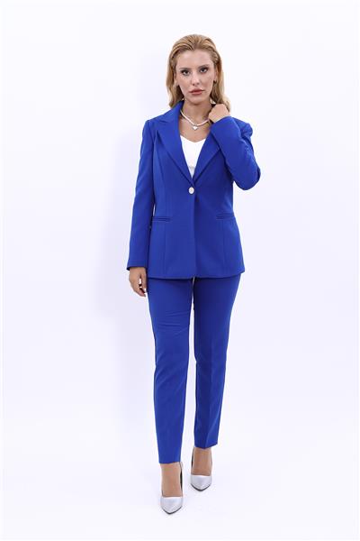   Tek Düğmeli Klasik Blazer Ceket &  Dar Paça Pantolon Kadın Takım Elbise -Saks