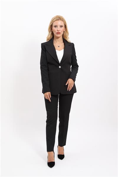   Tek Düğmeli Klasik Blazer Ceket &  Dar Paça Pantolon Kadın Takım Elbise -Siyah