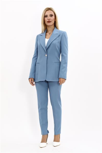  Tek Düğmeli Klasik Blazer Ceket &  Dar Paça Pantolon Kadın Takım Elbise -Deniz
