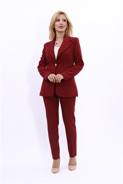   Tek Düğmeli Klasik Blazer Ceket &  Dar Paça Pantolon Kadın Takım Elbise -Bordo