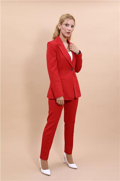   Tek Düğmeli Klasik Blazer Ceket &  Dar Paça Pantolon Kadın Takım Elbise -Kırmızı
