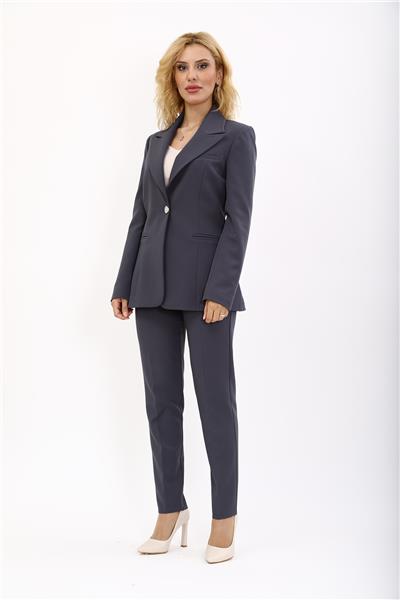   Tek Düğmeli Klasik Blazer Ceket &  Dar Paça Pantolon Kadın Takım Elbise -Füme