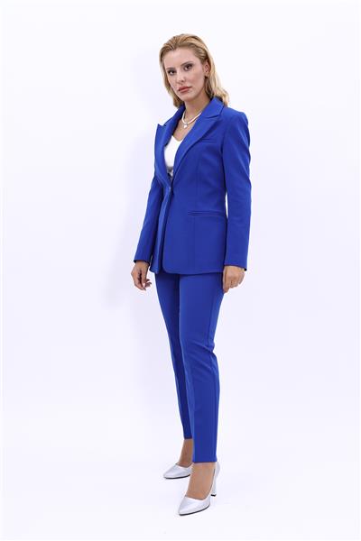   Tek Düğmeli Klasik Blazer Ceket &  Dar Paça Pantolon Kadın Takım Elbise -Saks