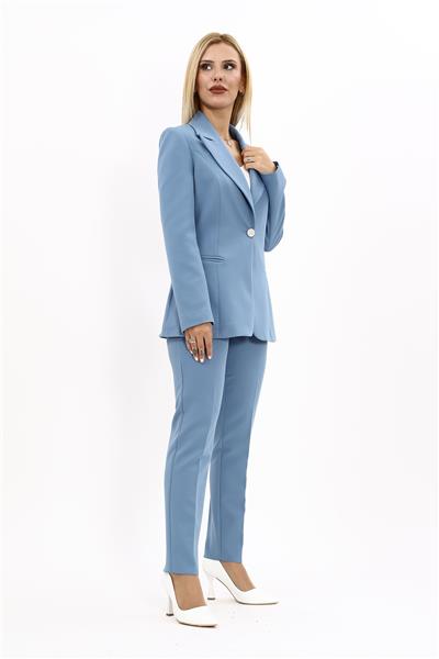   Tek Düğmeli Klasik Blazer Ceket &  Dar Paça Pantolon Kadın Takım Elbise -Deniz