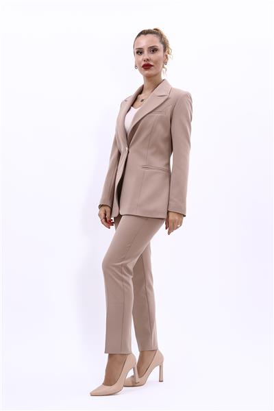   Tek Düğmeli Klasik Blazer Ceket &  Dar Paça Pantolon Kadın Takım Elbise -Taş