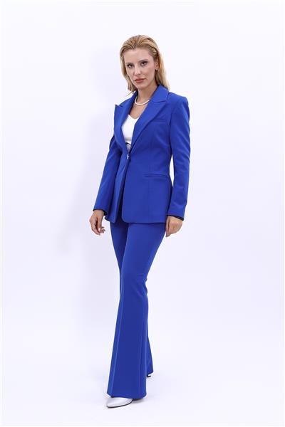  Tek Düğmeli Klasik Blazer Ceket & İspanyol Paça Pantolon Kadın Takım Elbise -Saks