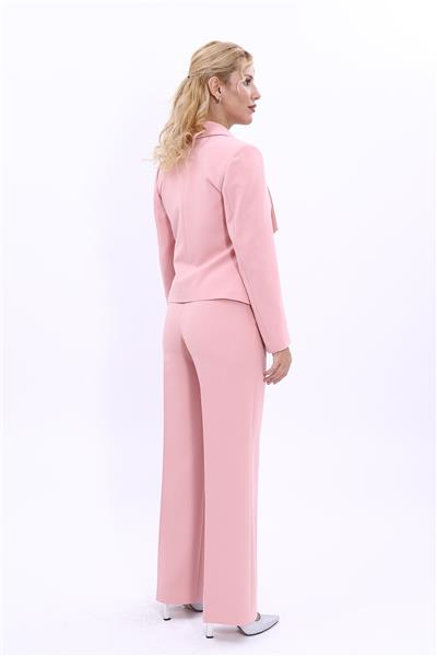  Tek Düğmeli Klasik Modern Ceket & Bol Paça Pantolon Kadın Takım Elbise-Pudra